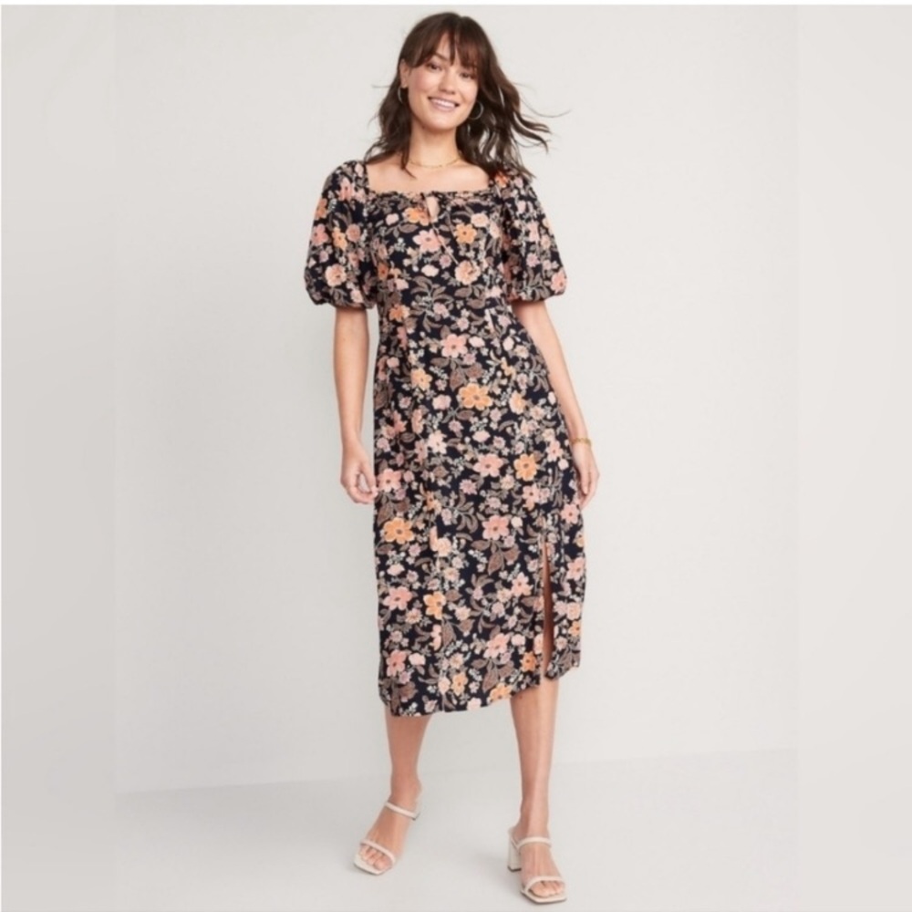 Old navy navy orange pink floral midi dress puff sleeve smocked XXL summer
